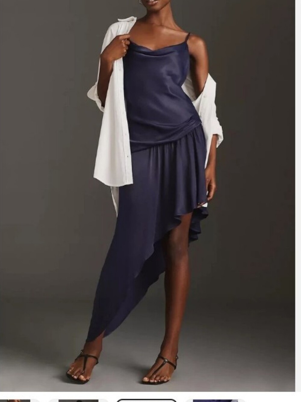 By Anthropologie Slip Dress Tank Satin Cowl Midi Asymetrical navy Blue Womens 10